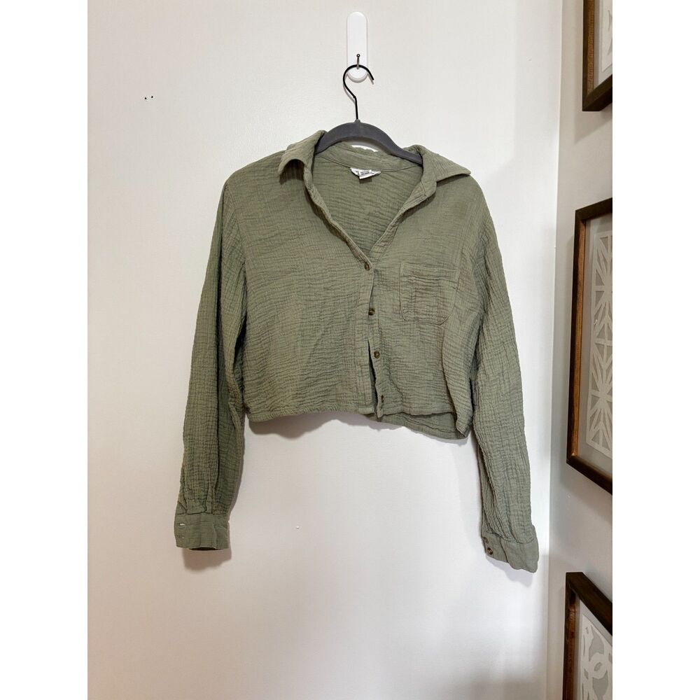 Midnight Sky Olive‎ Green Cropped Cotton Button Up Shirt Womens Size Large